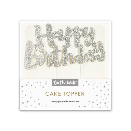 Happy Birthday Silver Glitter Cake Topper 